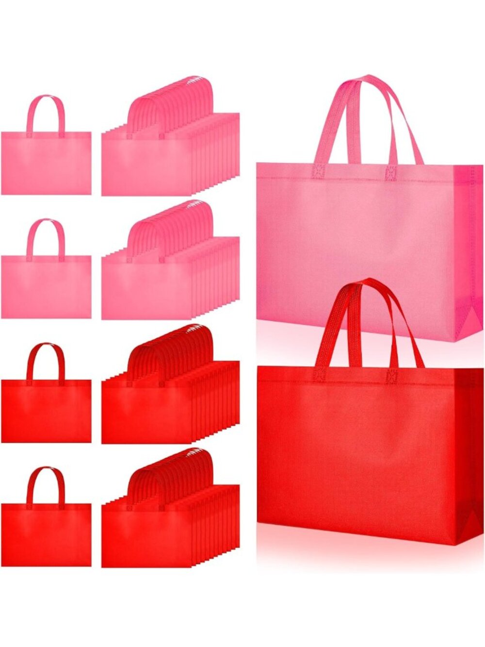 50 Non Woven Tote Bags - Pink & Red, 13.78x9.8x3.94 Inch, Reusable Shopping Bags